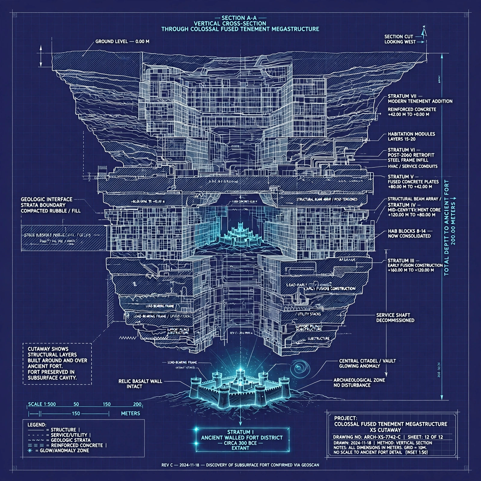 Blueprint schematic: the Old Core cross-section