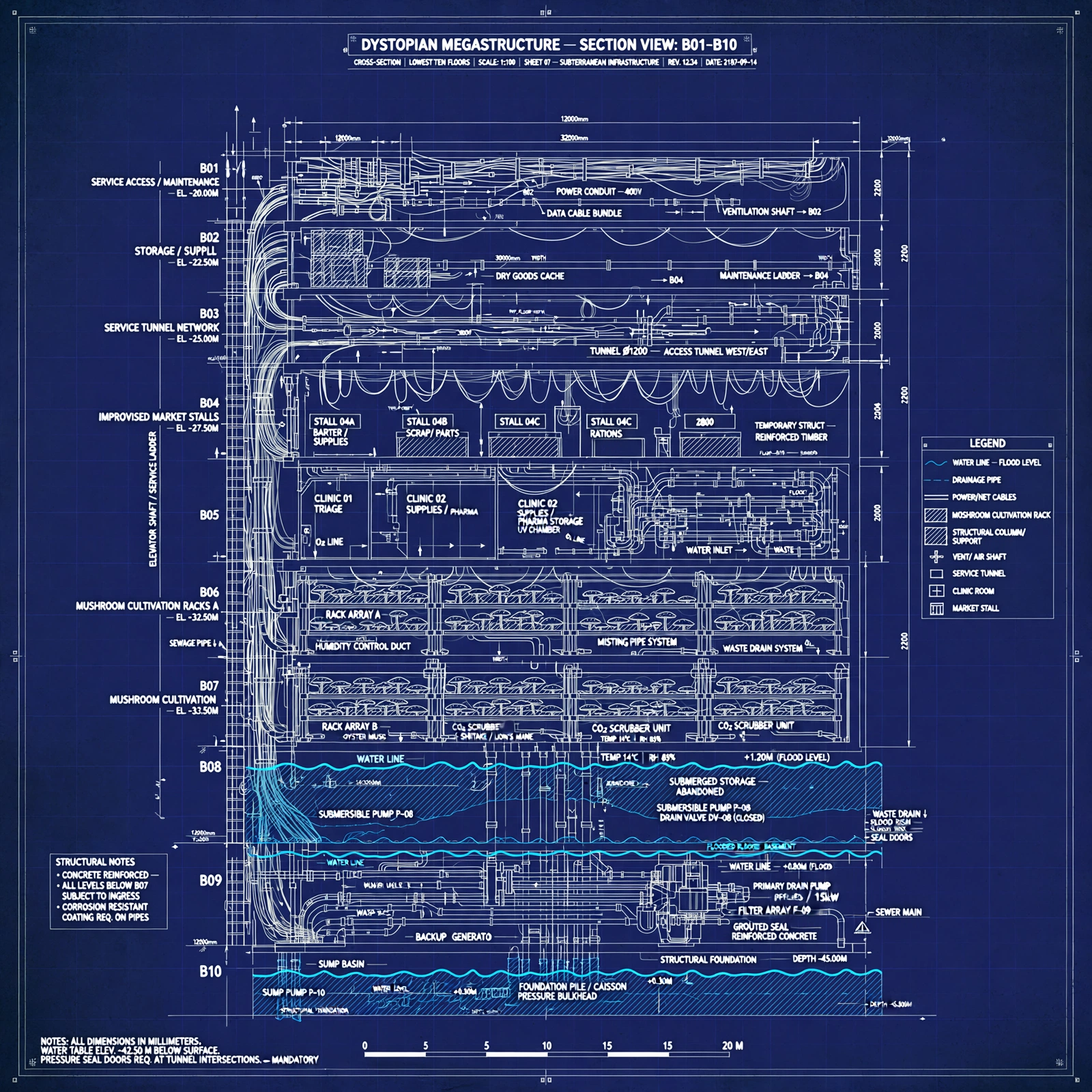 Blueprint schematic: the Understack levels B01–B10