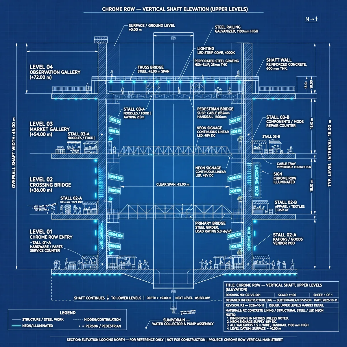 Blueprint plate: the Shallows, Chrome Row running down the shaft walls
