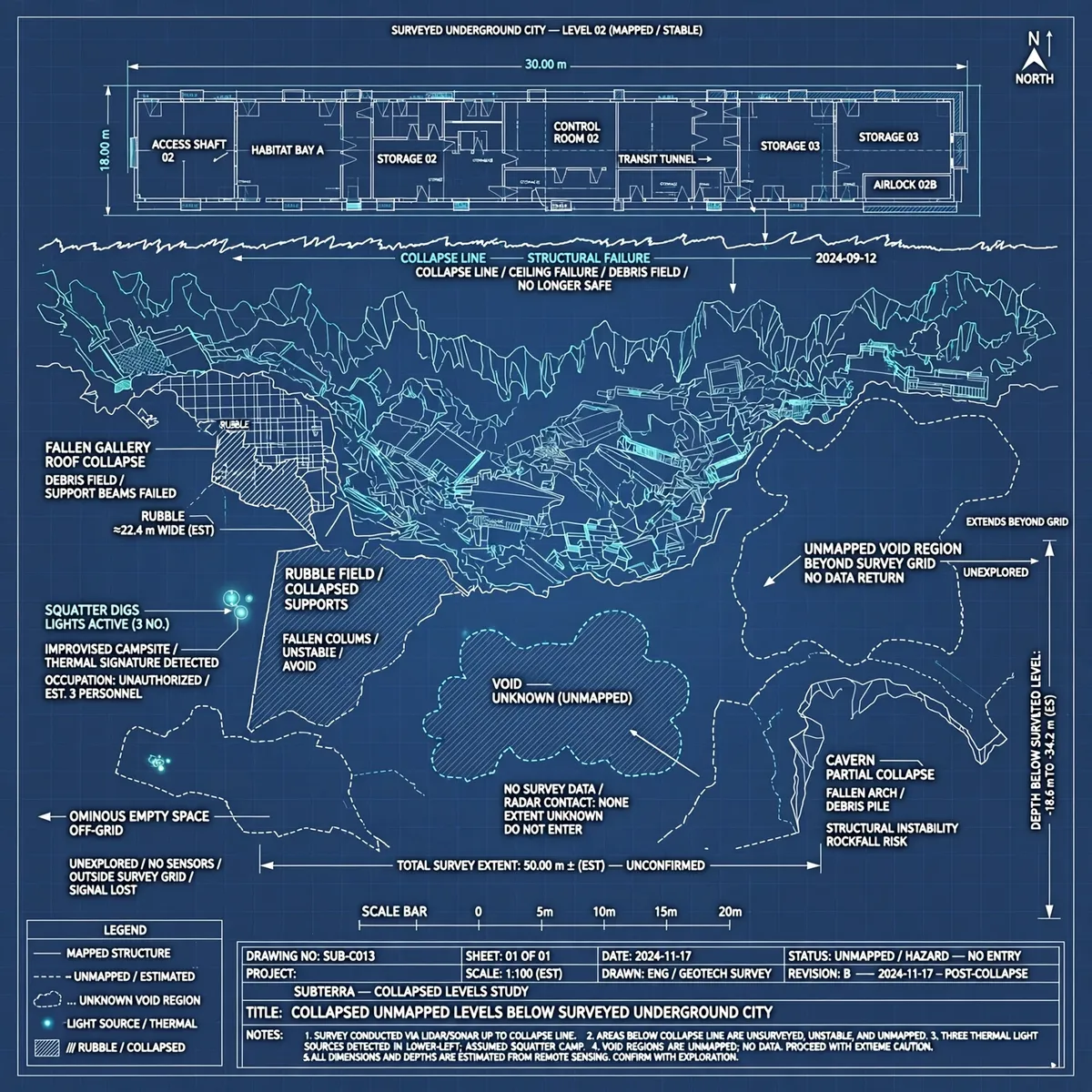 Blueprint plate: the Unrecorded, collapsed levels below the survey
