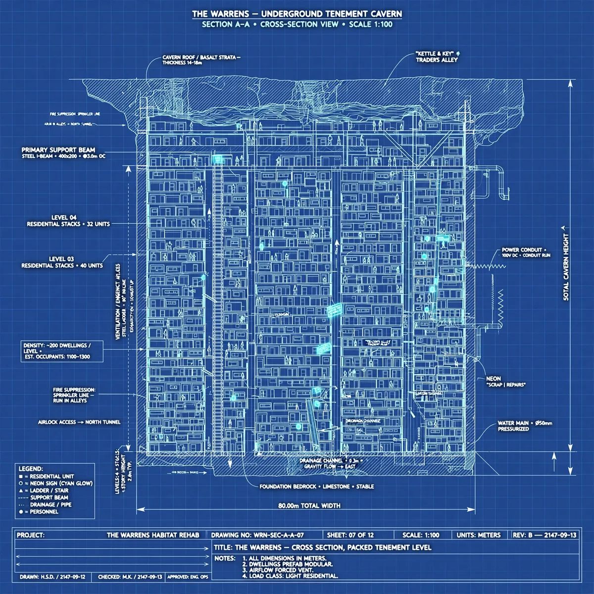 Blueprint plate: the Warrens, dense stacked tenements in a cavern level