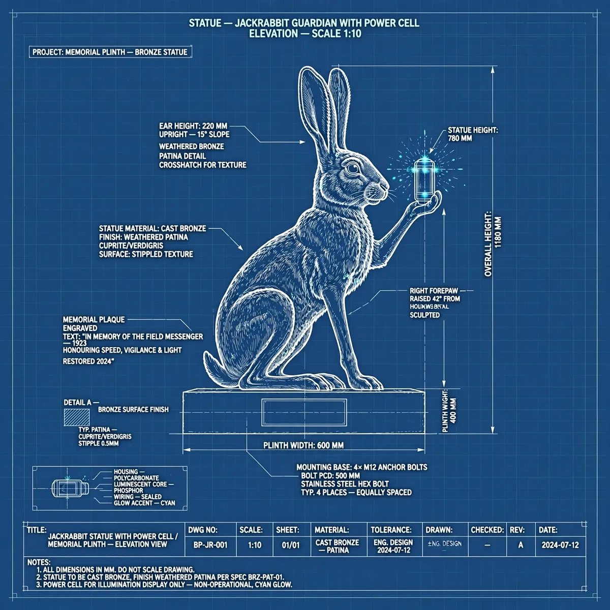 Blueprint plate: jackrabbit statue holding a black cell