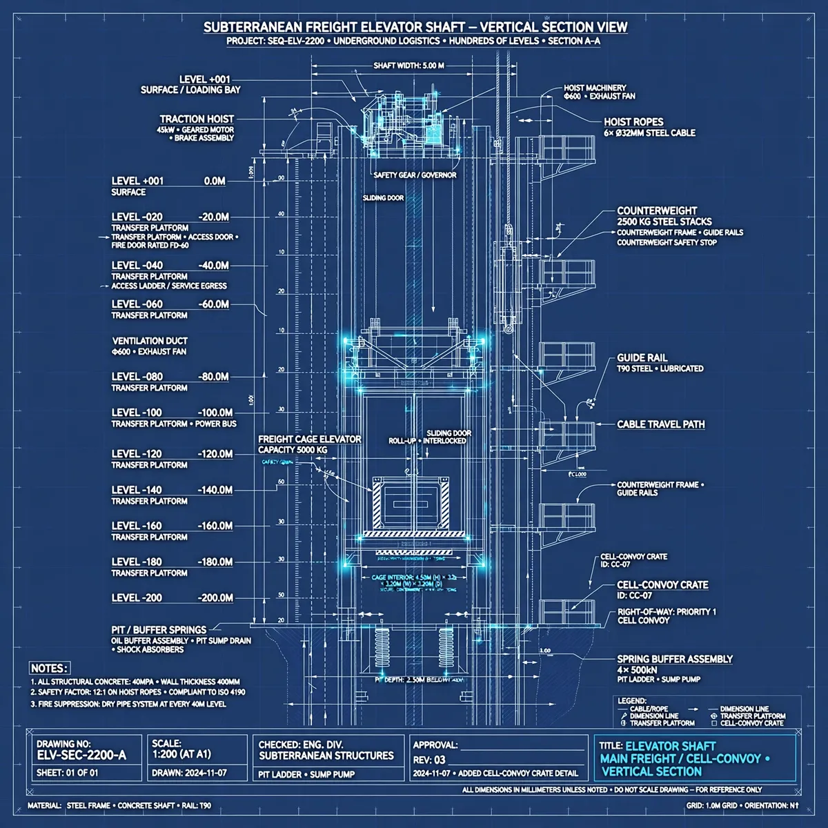 Blueprint plate: main elevator shaft running hundreds of levels